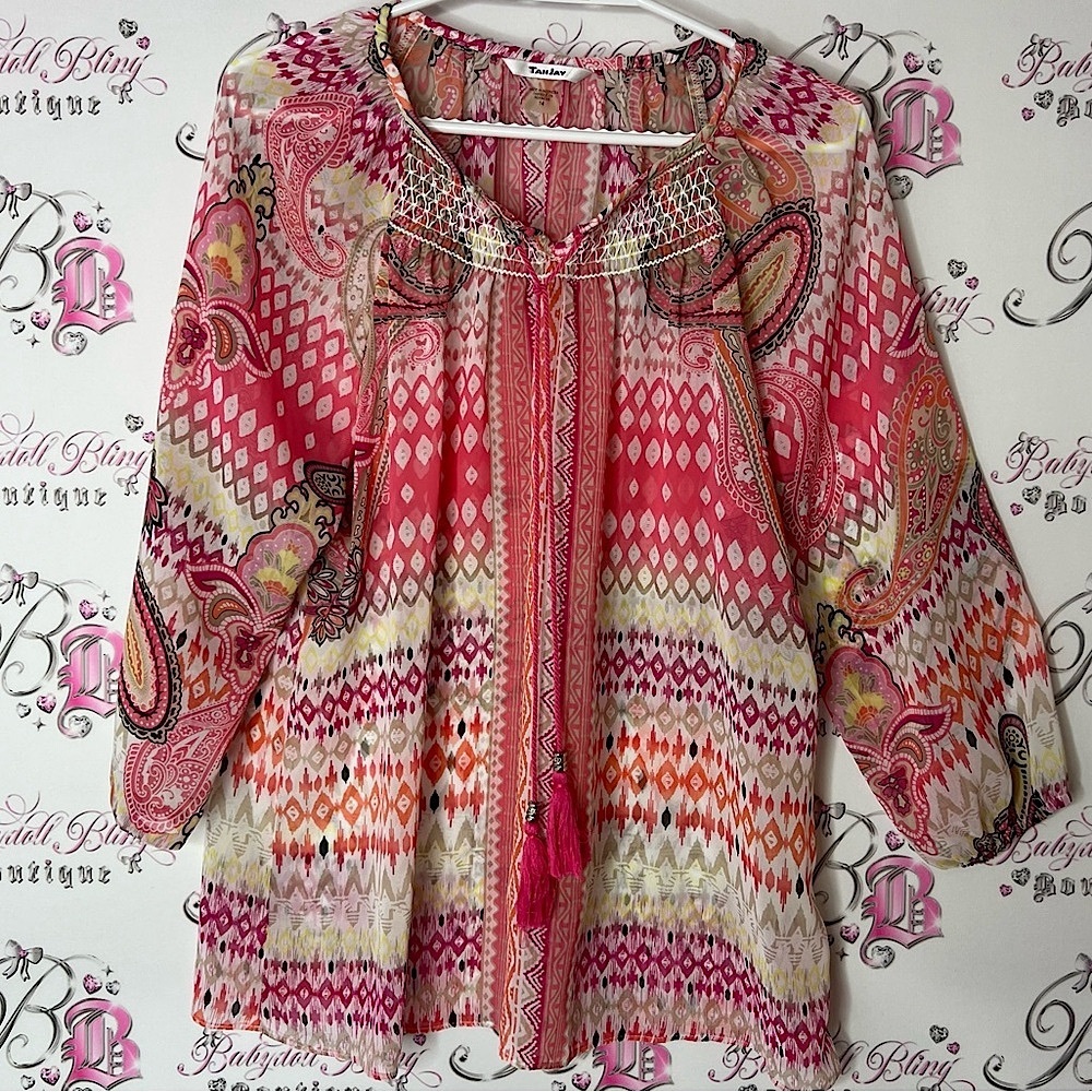 TanJay Pink and Red 3/4 Sleeve Tie Front Blouse tassle tie boho paisley